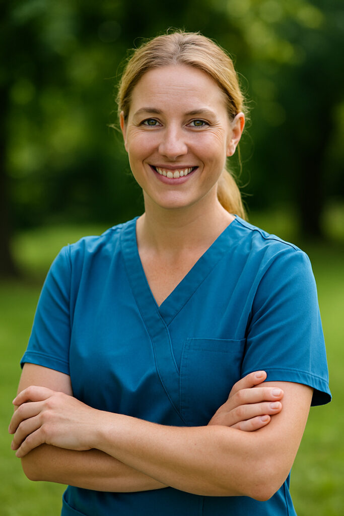 Freundliche Pflegekraft in blauer Kleidung blickt in die Kamera – Sympathie & Vertrauen