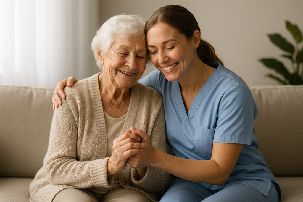 Pflegekraft hält liebevoll die Hand einer älteren Dame – ambulante Fürsorge mit Herz