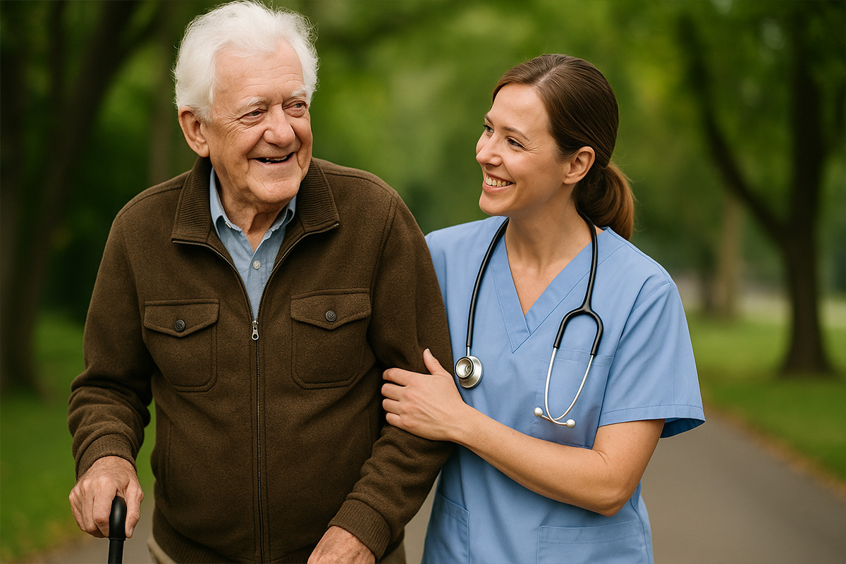 Pflegekraft begleitet Senior mit Gehstock beim Spaziergang im Park