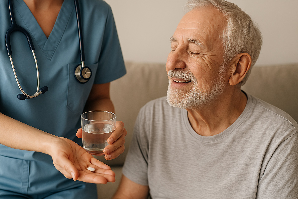 Pflegekraft reicht Senior Medikamente mit Wasser – Behandlungspflege zu Hause