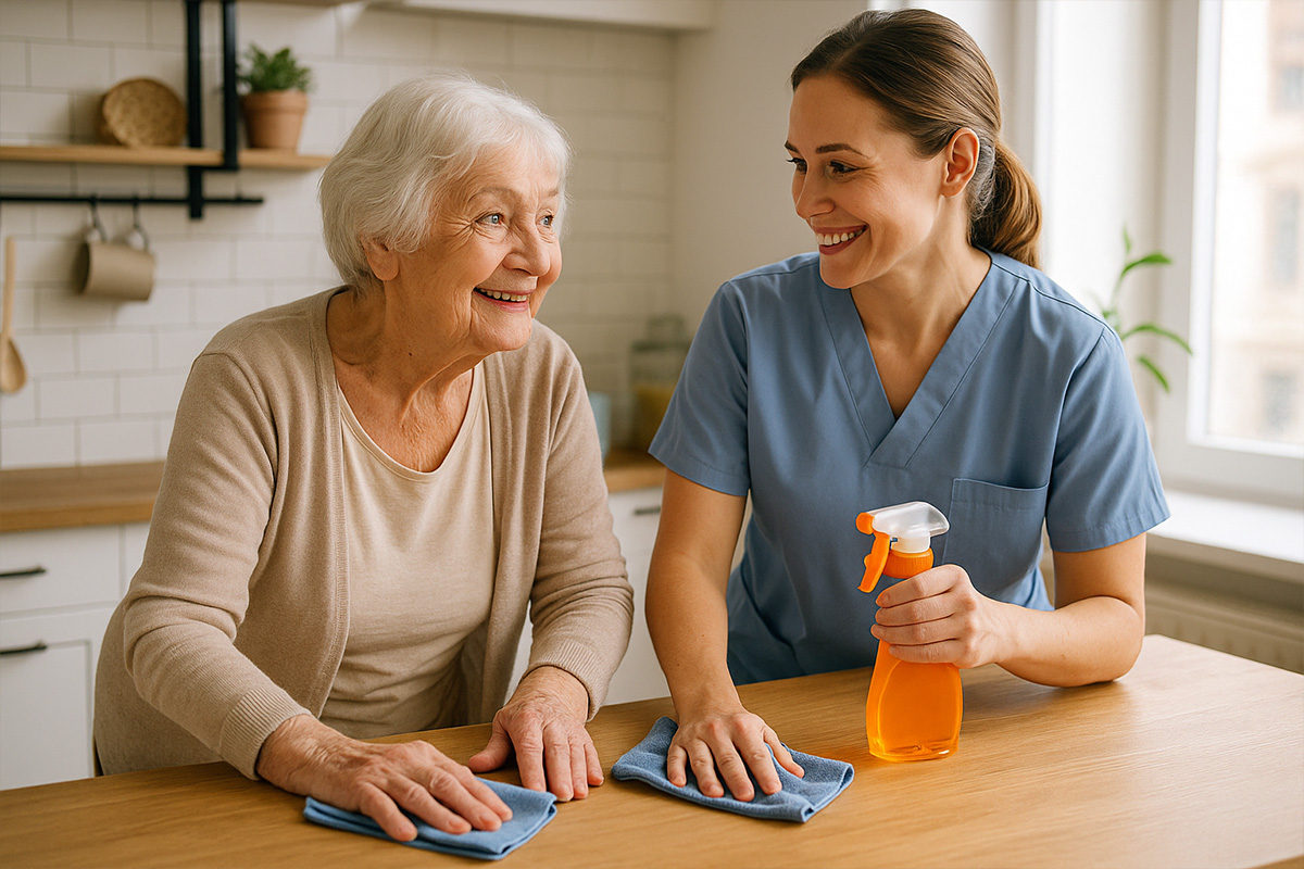 Pflegerin und Seniorin lächeln beim gemeinsamen Saubermachen in der Küche