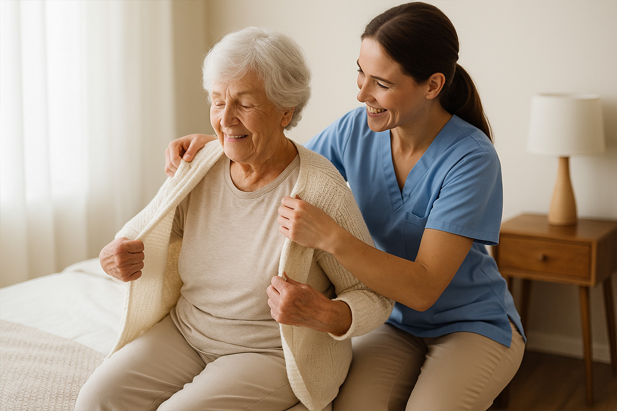 Pflegekraft hilft Seniorin beim Ankleiden auf dem Bett – Grundpflege zuhause