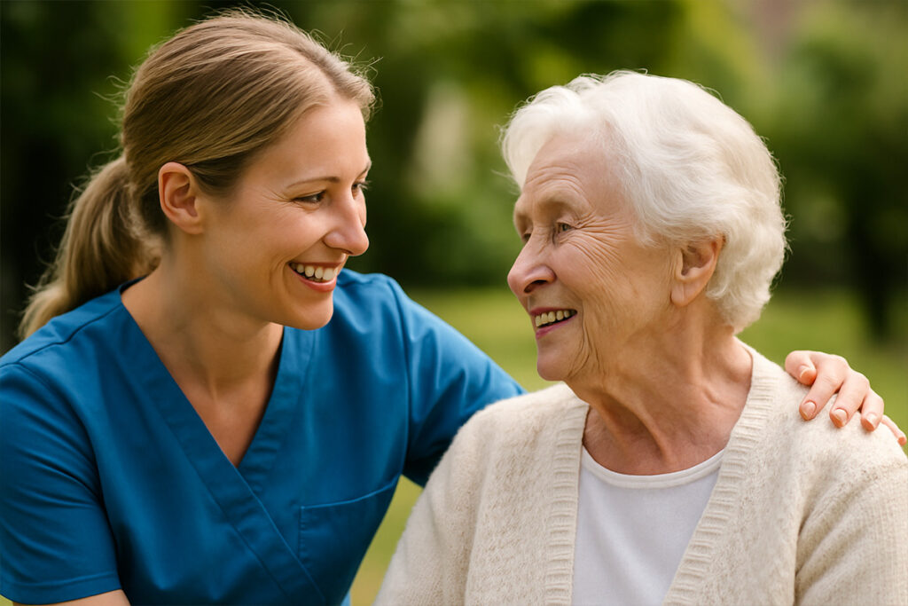 Pflegekraft blickt einer Seniorin liebevoll in die Augen – echte Zuwendung im Grünen